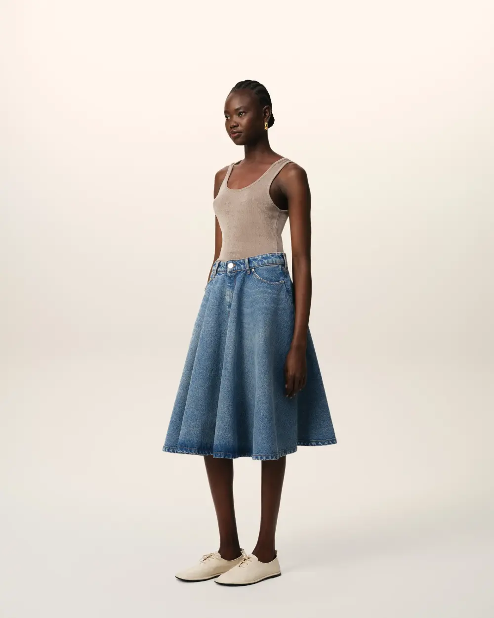 Jupe Midi Bleue A Godets En Coton