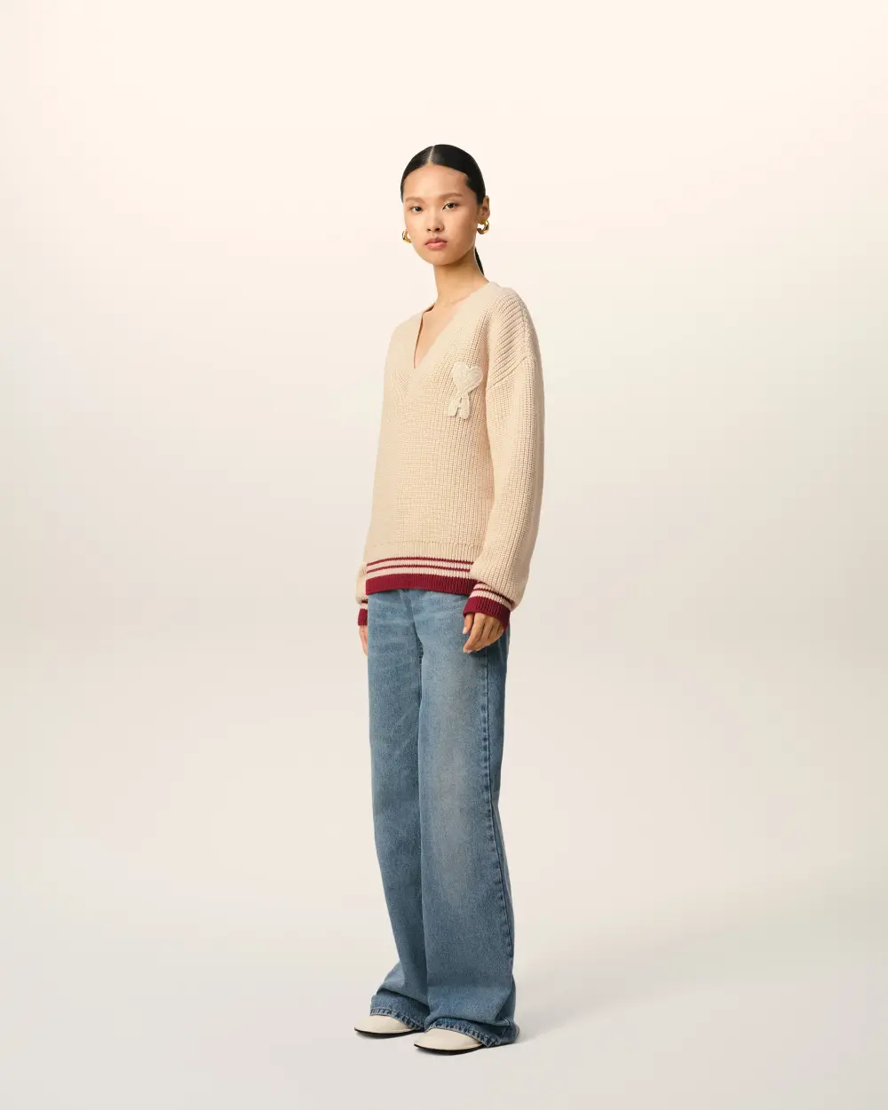 Beige Wool Ribbed V Neck Sweater